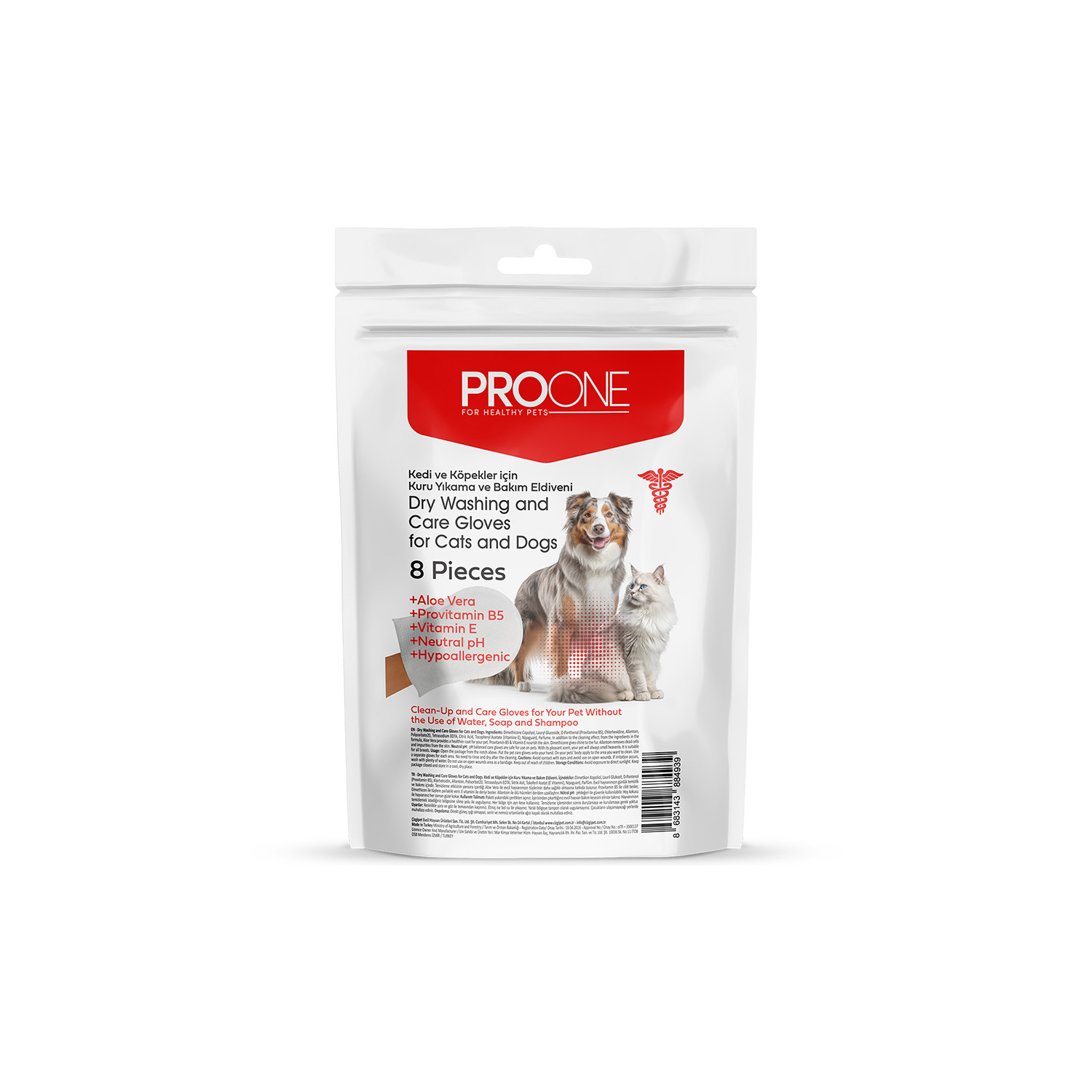 PRO ONE KEDİ VE KÖPEKLER İÇİN KURU YIKAMA VE BAKIM ELDİVENİ 8 ADET